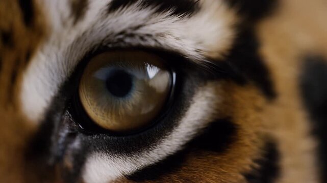 Big cat eye blinks amid striped fur in an extreme wildlife close-up. Wildlife documentaries, animal conservation campaigns, and zoology education.