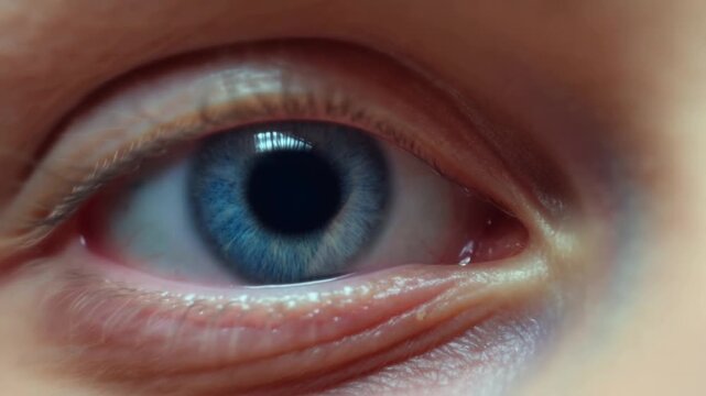 Extreme close-up of a blue human eye with detailed iris, pupil, eyelids, and natural reflections. Eye care advertising, optometry services, and ophthalmology education.