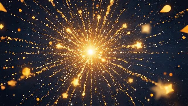 Golden starburst explosion of light with glittering sparkles and bokeh stars. festive radiant burst transitioning into a bright glowing flare.