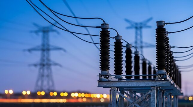 Electrical power grid infrastructure with transmission towers and insulators at twilight for energy and industry concepts.