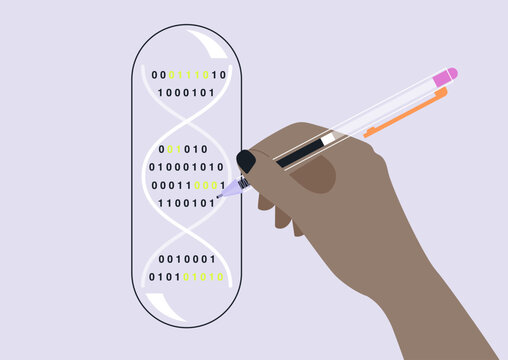 A hand skillfully writes binary code alongside a stylized DNA double helix, symbolizing the merging of technology and genetics, This action reflects ongoing research in science