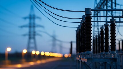 Obraz premium Industrial electrical substation equipment with high voltage power lines and insulators standing tall against twilight sky illuminated by blurred background lights.