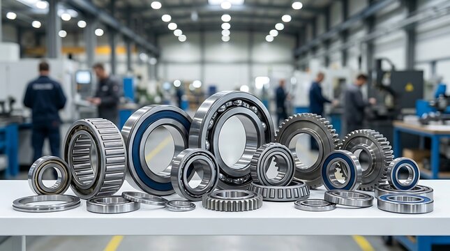 Assortment of industrial ball and roller bearings displayed on white table in factory setting with blurred workers in background, showcasing mechanical components.