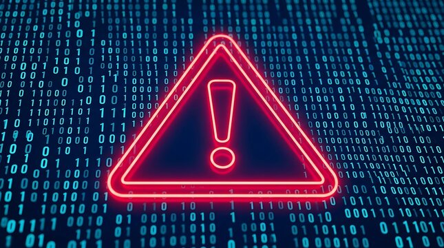 Red neon warning sign with exclamation mark on binary code background, indicating cyber security threat alert and digital danger in online information systems.