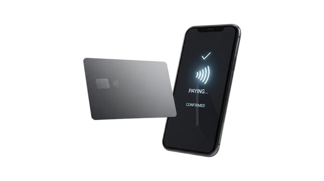 Smartphone showing contactless payment processing next to blank debit credit card