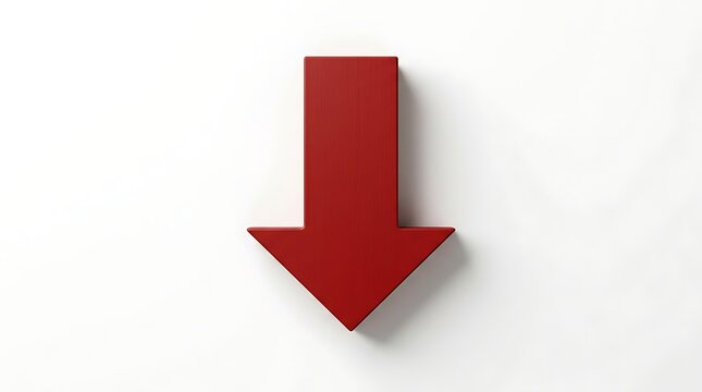 Red downward arrow icon pointing direction isolated on white background representing decline decrease negative trend and a warning signal.