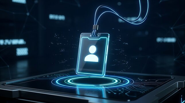 Digital security badge with holographic interface and glowing blue elements representing identity access authentication and secure digital data management.