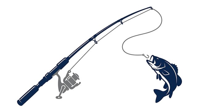 Fishing rod and reel with a hooked fish leaping out of water representing successful angling hobby and sport activity with playful capture.
