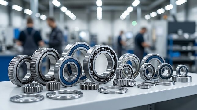Many different types of ball bearings and metal gears displayed on a white surface in manufacturing plant.