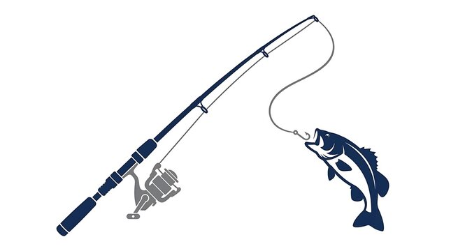 Fishing rod with reel and a fish caught on hook representing hobby activity and leisure time enjoyment with outdoor sport.