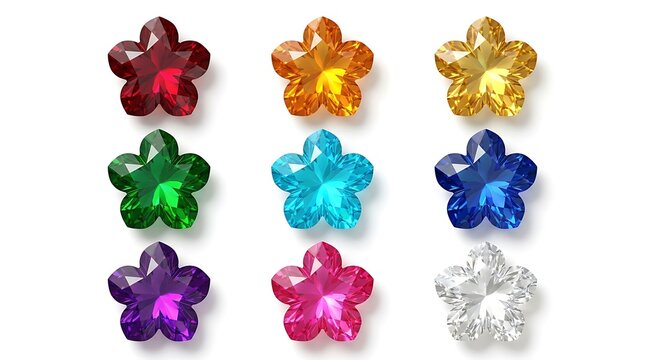 Collection of nine colorful sparkling star shaped gemstones including ruby, emerald, sapphire and diamonds for jewelry design.