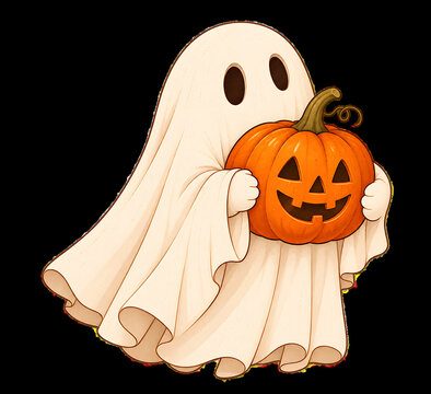 Fantasma animado sobre fondo negro sujetando una calabaza