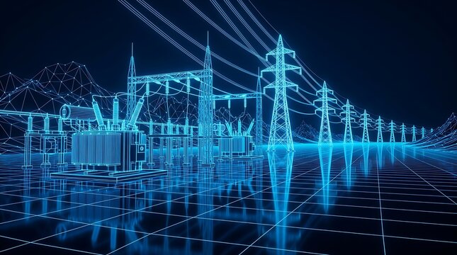 Digital wireframe illustration of electrical substation with power lines transformers and pylons on dark background representing energy infrastructure.