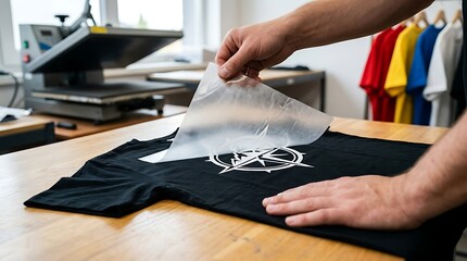 Fototapeta premium t shirt printing process with heat press machine applying vinyl transfer design for custom apparel and merchandise creation.
