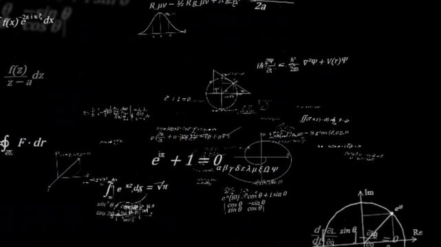 Complex mathematical and physics formulas on black background