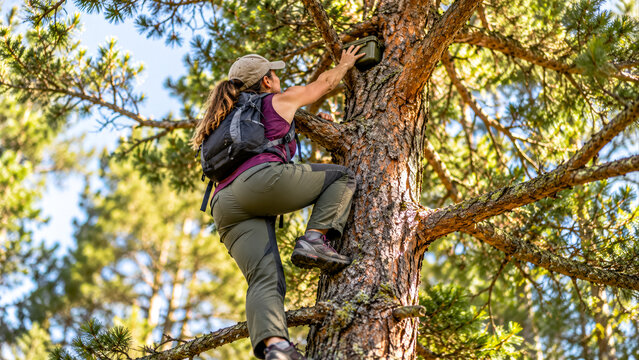 Woman climbing a tree and searching for a hidden container in a forest.