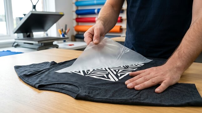 Close-up of hands applying heat transfer vinyl graphic onto dark t-shirt using heat press machine in a workshop setting.