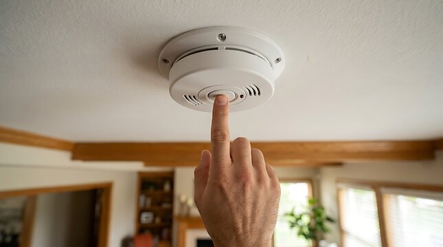 Hand pressing button on white smoke detector ceiling mounted for home safety and fire alarm system test.
