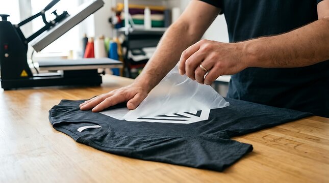 Closeup of hands applying heat transfer vinyl graphic onto black t-shirt using heat press machine for custom apparel customization.