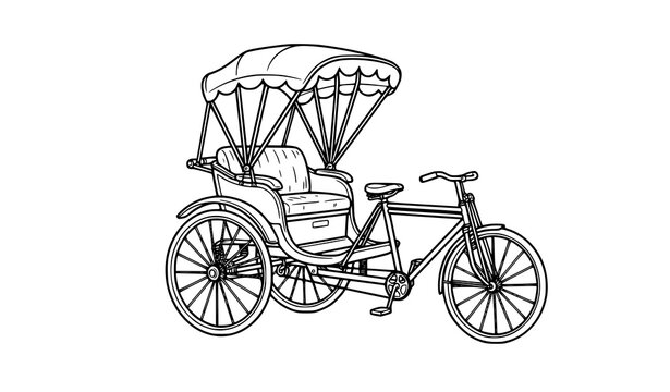 Classic Rickshaw Linear Outline Illustration &ndash; Asian Transport Vector