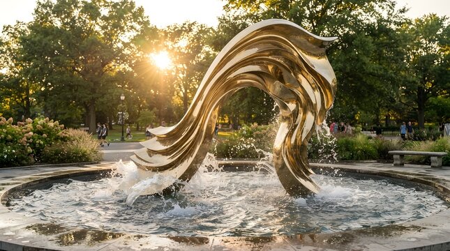 Elegant Golden Metal Sculpture Fountain in a Lush Public Park at Sunset with Radiant Backlighting