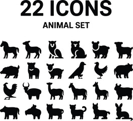 Obraz premium Domestic livestock and wild animal black silhouette icon collection featuring farm birds mammals and zoo creature graphics
