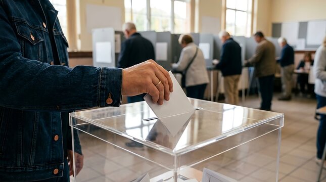 Close-up of a person's hand dropping a white ballot into a transparent ballot box during elections, symbolizing democracy and voting.