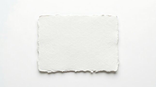 Blank white textured paper with torn edges displayed centrally on a plain white background, perfect for artistic use or design.