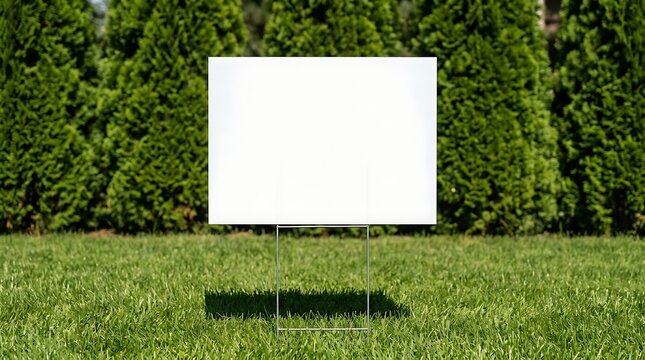 White blank yard sign on metal stand placed on green grass with manicured hedge background, ideal for advertising and events.