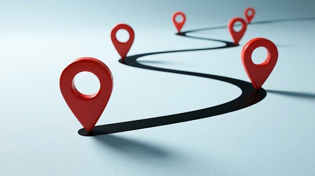 Abstract winding black path with multiple red location markers indicating a journey or route on a light blue surface.