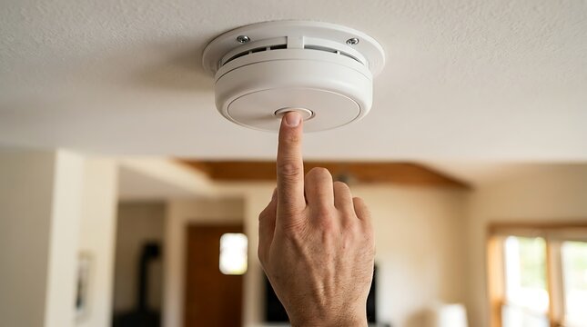Person pressing test button on white smoke detector ceiling mounted for safety check and home protection.