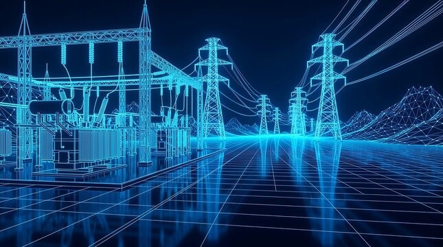 abstract futuristic blue digital grid network with power pylons and transformer substation representing smart grid energy infrastructure innovation and technology.