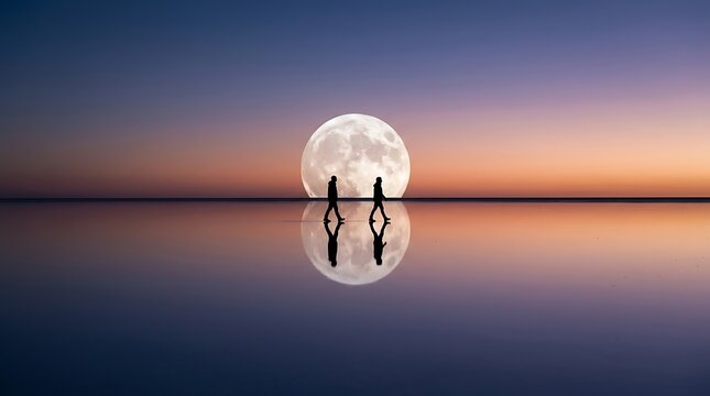 couple silhouetted walking on serene landscape with oversized full moon reflected on water at twilight symbolizing romance journey and peaceful connection.