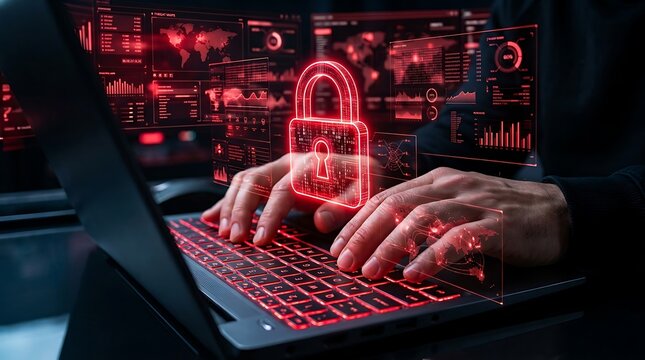 cyber security concept with hacker hands typing on laptop and glowing red padlock overlay symbolizing data protection and digital threat prevention.