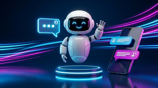 friendly cartoon robot waving hand near smartphone displaying chat bubbles representing AI assistant chatbot and modern communication technology innovation.