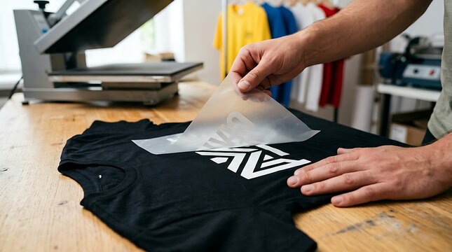 Closeup hands applying heat transfer vinyl graphic onto black t-shirt using heat press machine for custom apparel design and merchandise printing.