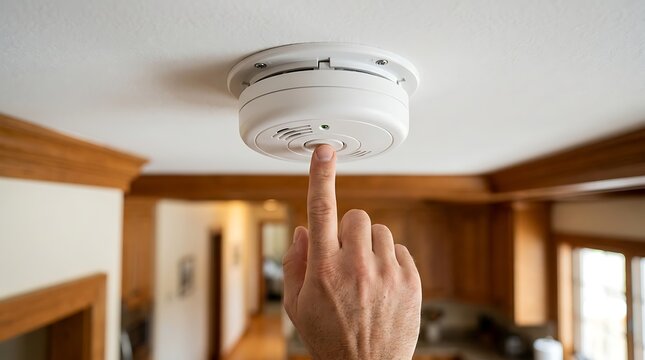 Person pressing test button on white smoke detector mounted on ceiling in home for safety check.