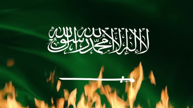 Saudi Arabia flag waving with dramatic fire flames video footage