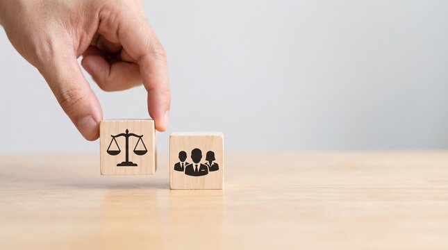 Hand placing a wooden block with a scale icon next to a people icon block with another cube with professional