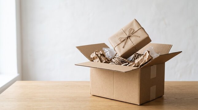Open cardboard box with a gift wrapped in brown paper and tied with twine, surrounded by packing materials