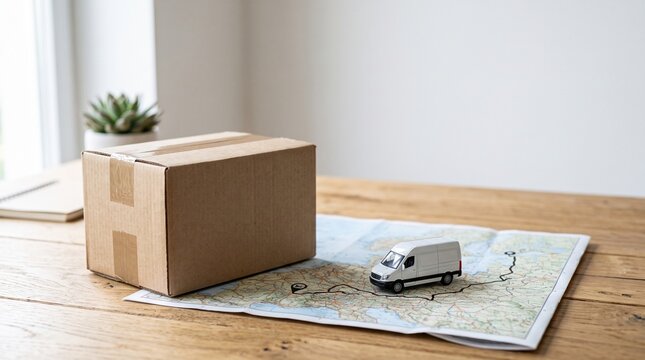 Cardboard shipping box and miniature delivery van on a map indicating logistics and delivery routes