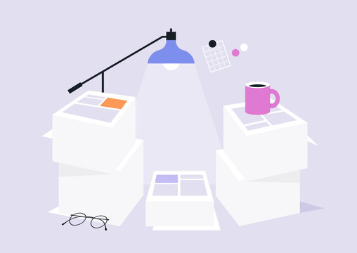 Under a soft lamp light, a cluttered desk features five towering stacks of papers, A vibrant purple mug of coffee and a pair of glasses sit nearby, reflecting the struggle of office overwork.
