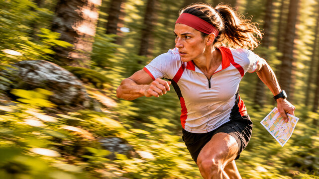 A woman running through the woods on orienteering competition.