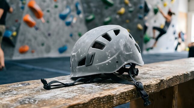 Grey Protective Climbing Helmet Covered in White Chalk Dust Resting on a Rustic Wooden Ledge at an Indoor Rock Climbing Gym Facility with Blurred Climbers and Colorful Grips in the Background