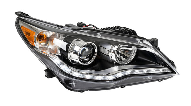 Detailed car headlight assembly with projector lens, LED daytime running lights, amber turn signal section, clear lens cover, reflector housing, wiring harness, and black mounting brackets isolated