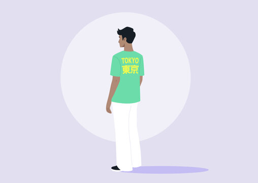 In a serene setting, a character stands in three-quarter back view, wearing a trendy t-shirt featuring the word Tokyo in english and Japanese, The background&rsquo;s soft colors enhance the stylish look