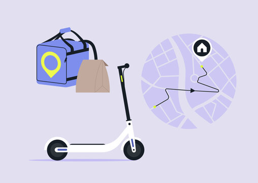 A colorful food delivery set ready to serve in a vibrant city, equipped with a scooter, a delivery bag and a mapped route highlighting the way to customers doors.