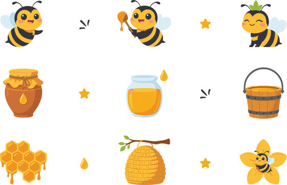 Cute Honey Bee Character and Beekeeping Vector Icon Set Featuring Honey Jars Hive Dipper Honeycomb Queen Bee Bucket and Flower Elements