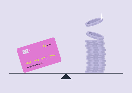 A colorful representation depicts a pink card floating next to stacked coins, illustrating the balance between card and cash, The scene captures the essence of modern transactions.