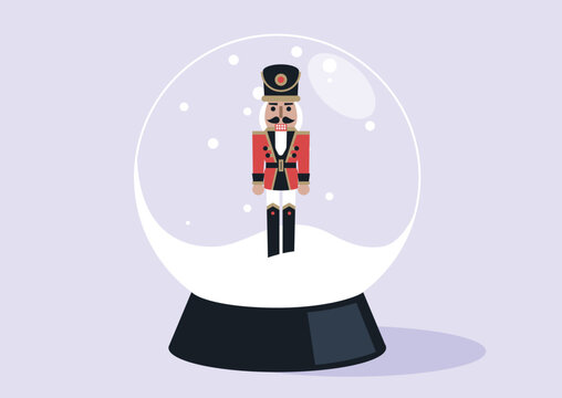 A crystal ball with a swirling snowstorm and a nutcracker toy inside, serving as a symbol of the upcoming Christmas